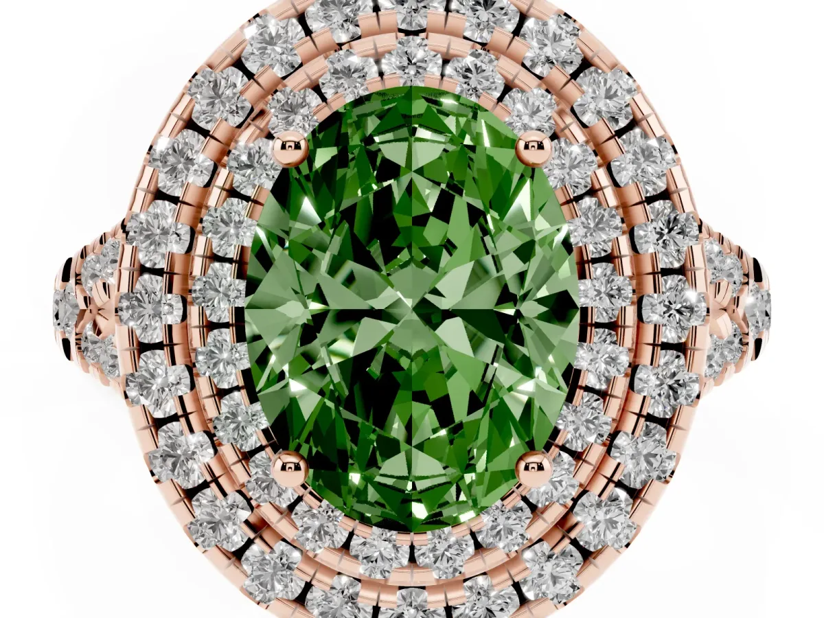 Fancy Green Double Halo Oval Cut Diamond Pavé Split Shank Ring with Prong Setting Rose gold