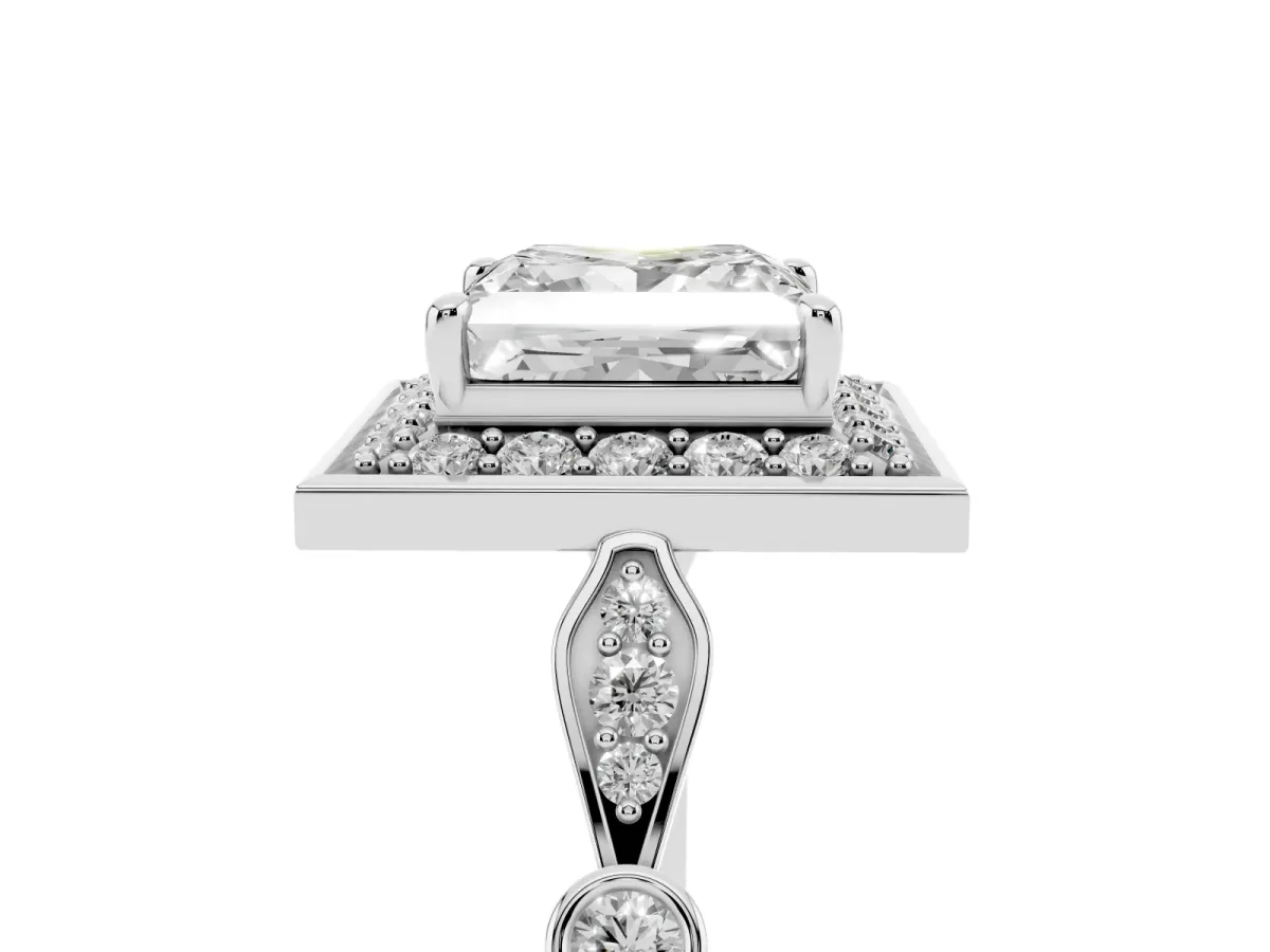 Princess Cut Halo Diamond Engagement Ring with Twisted Band and Four-Prong Setting Platinum