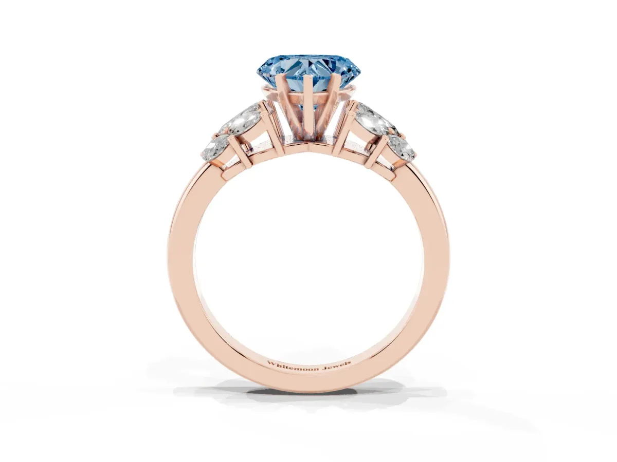 Fancy Blue Heart Cut Diamond Cluster Leaf Design Ring with Prong Setting Rose gold