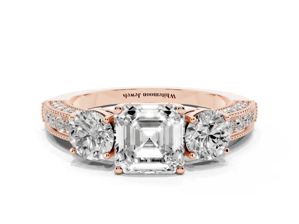 Asscher Cut Three-Stone Diamond Ring with Pavé Band and Four-Prong Setting Rose gold