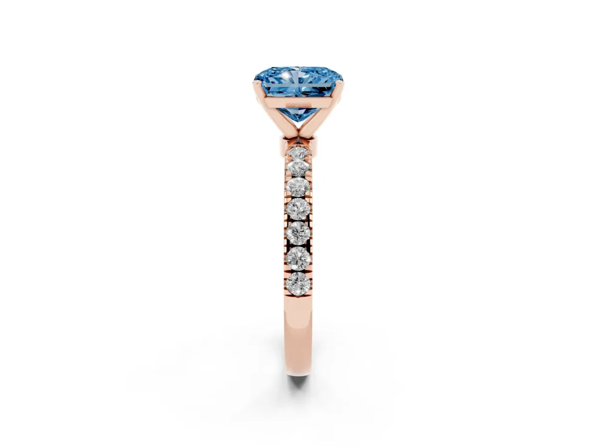 Fancy Blue Radiant Cut Diamond Solitaire Ring with Pavé Accents and Four-Prong Setting Rose gold