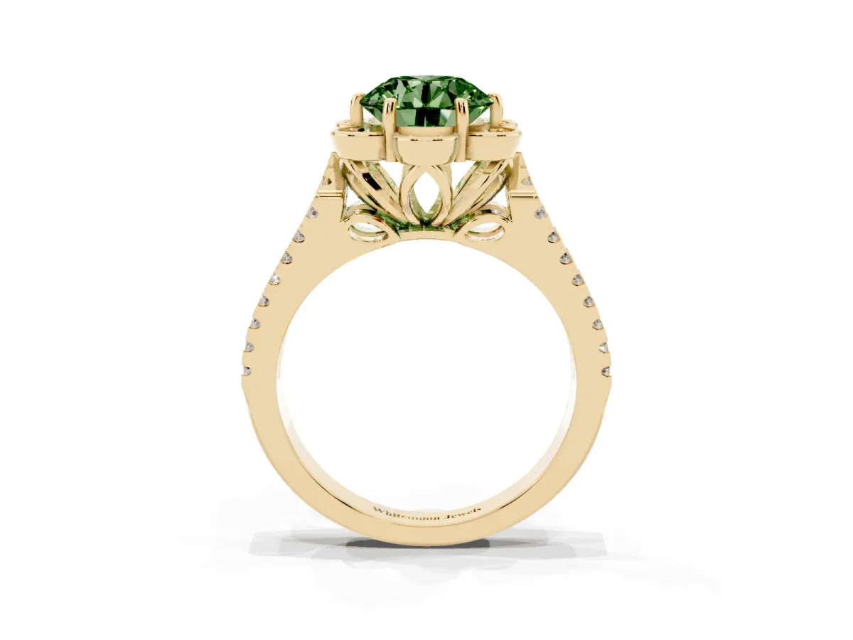 Fancy Green Round Cut Halo Diamond Floral Split Shank Engagement Ring Yellow gold