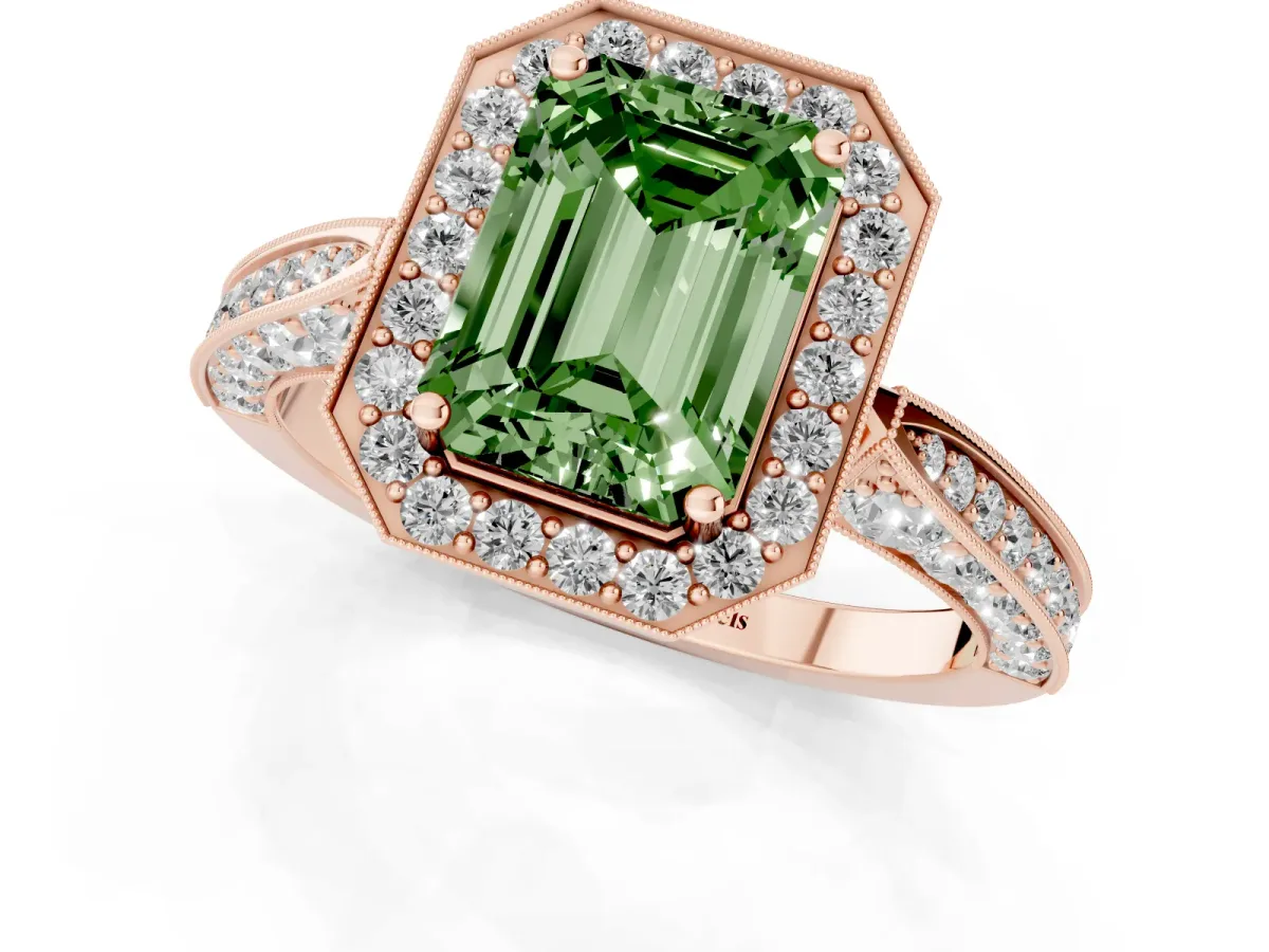 Fancy Green Emerald Cut Halo Diamond Engagement Ring with Split Shank Band and Four-Prong Setting Rose gold