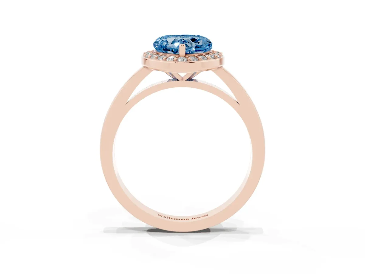 Fancy Blue Heart Cut Halo Diamond Ring with Solitaire Band and Prong Setting Rose gold