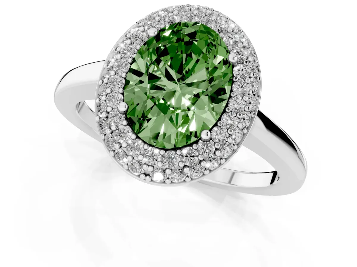 Fancy Green Oval Cut Halo Diamond Engagement Ring with Solitaire Band and Four-Prong Setting Platinum