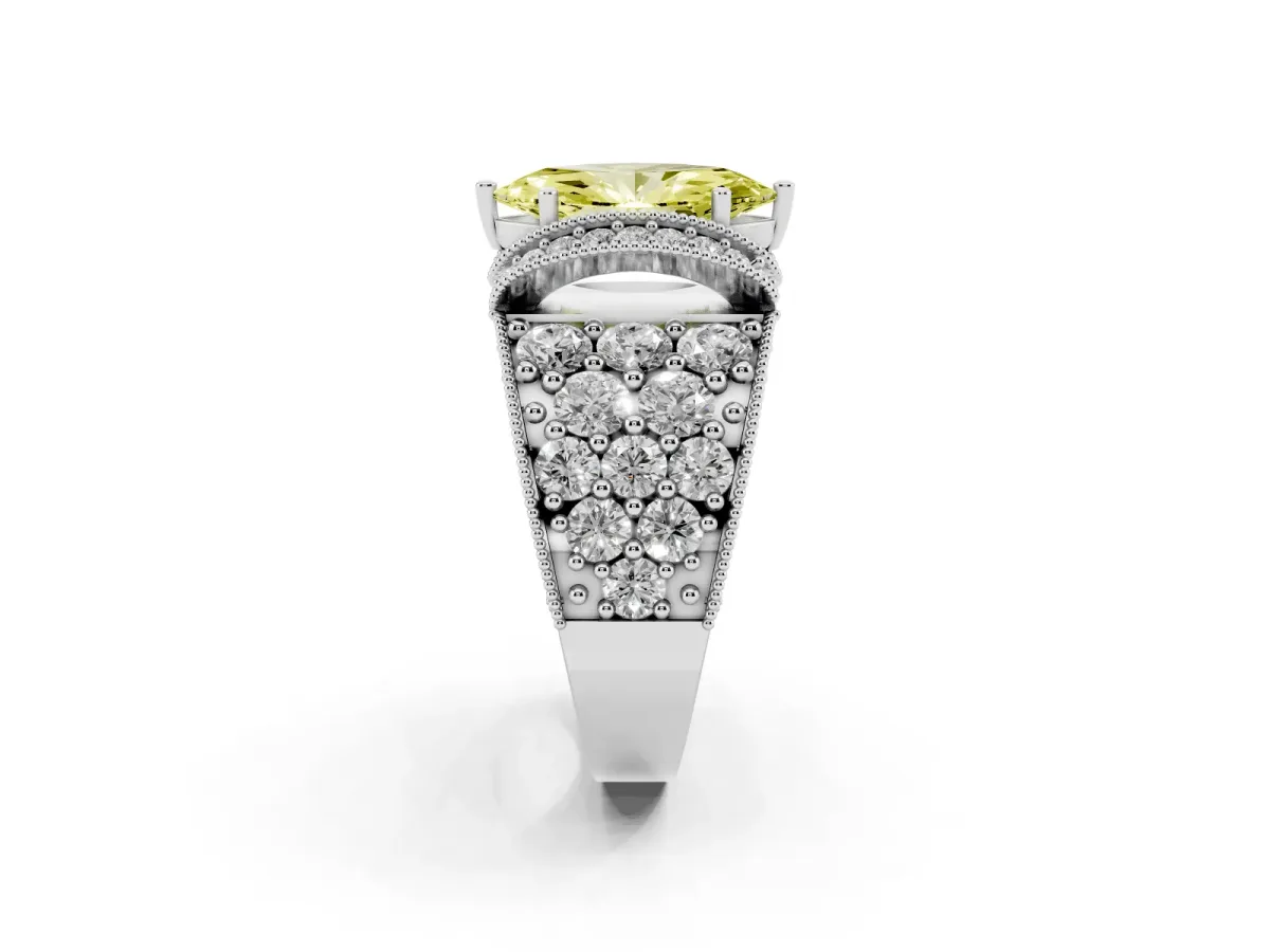 Fancy Yellow Marquise Cut Halo Pave Diamond Engagement Ring with Milgrain Detailing Platinum