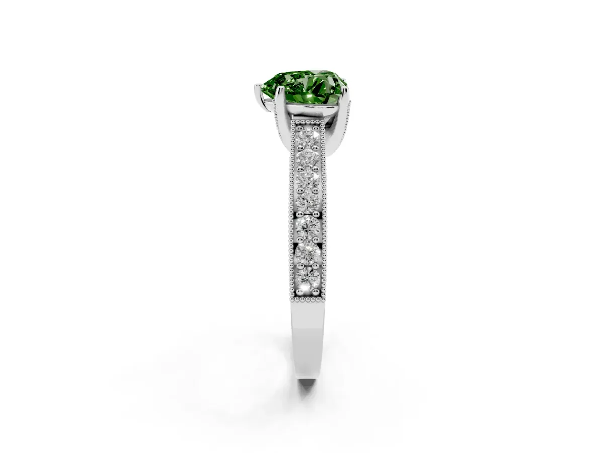 Fancy Green Heart Cut Cut Diamond Solitaire Ring with Milgrain Pave Band and Four Prong Setting Platinum