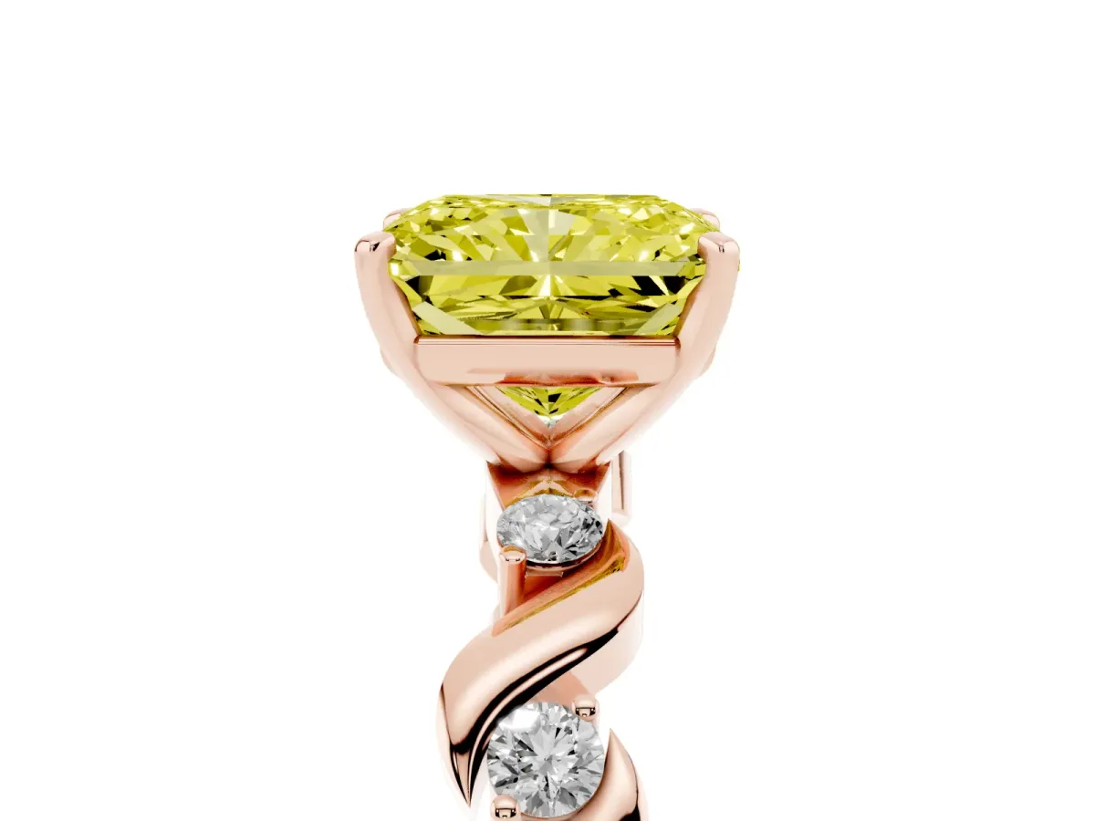 Fancy Yellow Radiant Cut Diamond Solitaire Twisted Band with Round Accents and Prong Setting Rose gold