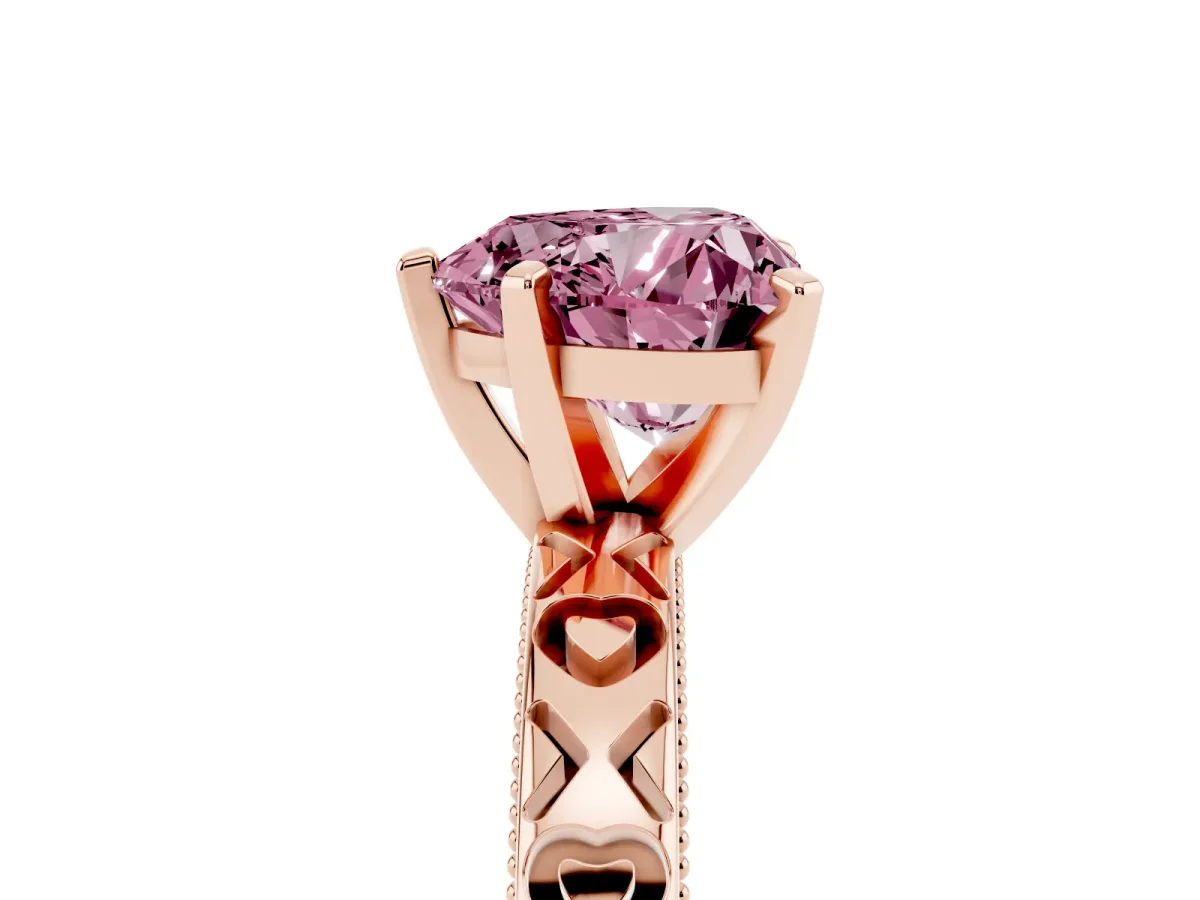 Fancy Pink Heart Cut Solitaire Diamond Engagement Ring with XO Engraved Band and Four-Prong Setting Rose gold