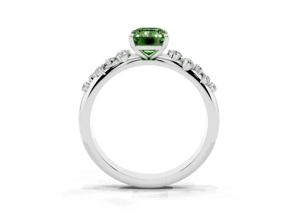 Fancy Green Emerald Cut Diamond Cluster Prong-Set Solitaire Ring White gold