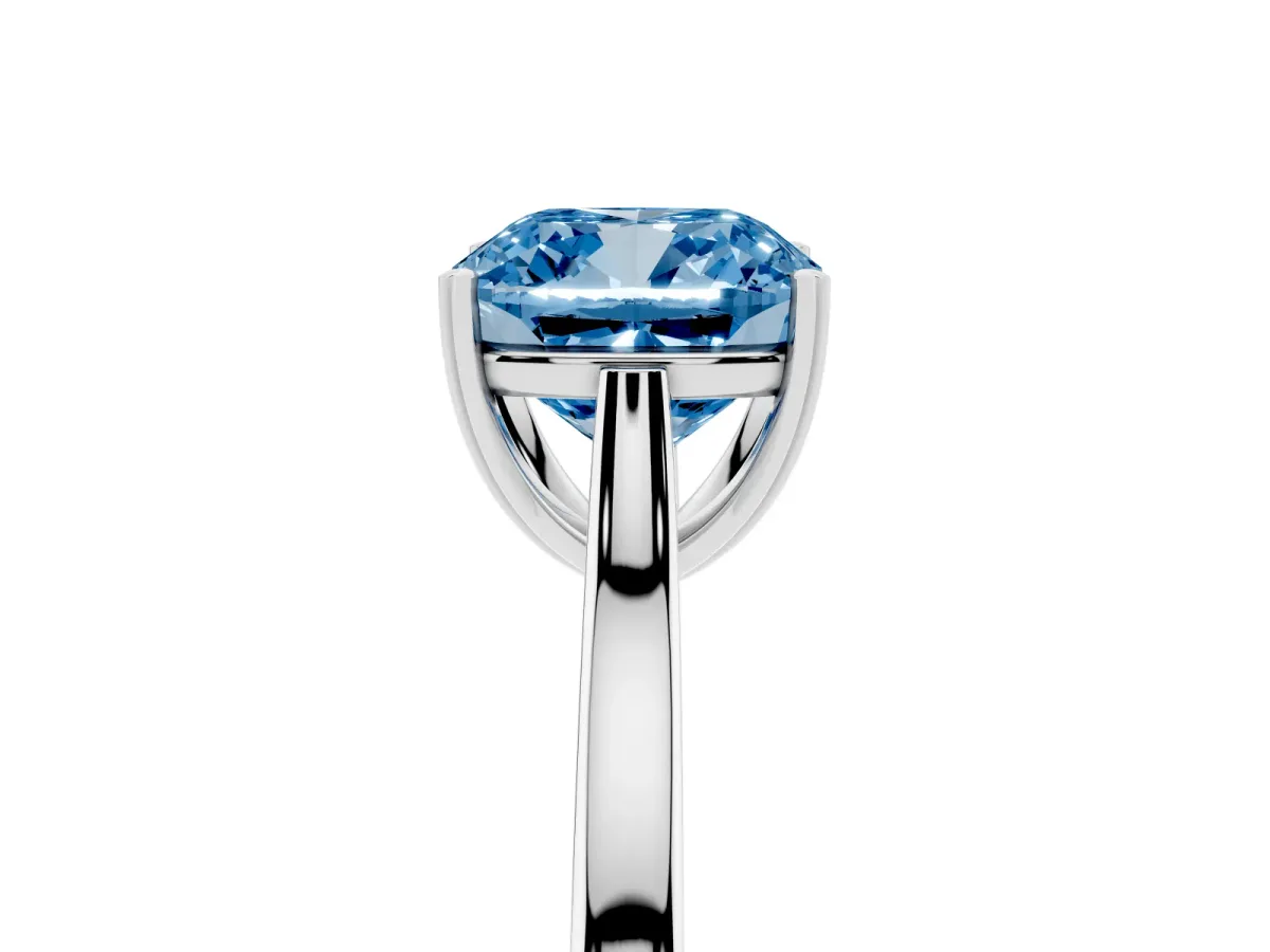 Fancy Blue Cushion Cut Solitaire Heart Prong Engagement Ring with Tapered Band White gold