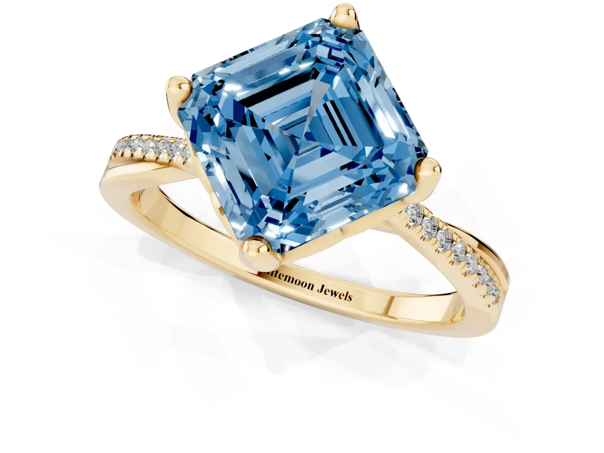 Fancy Blue Asscher Cut Solitaire Twist Band with Pavé Diamonds and Four-Prong Setting Yellow gold