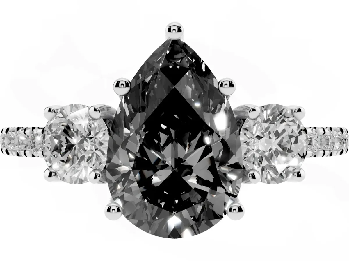 Fancy Black Three-Stone Pear Cut Cut Diamond Pavé Band with Prong Setting Silver
