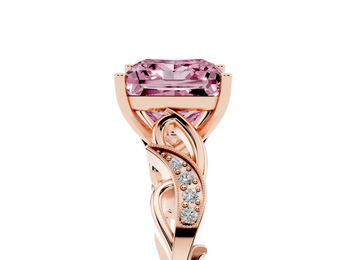 Fancy Pink Princess Cut Solitaire Vine Band with Milgrain Prong Setting Rose gold