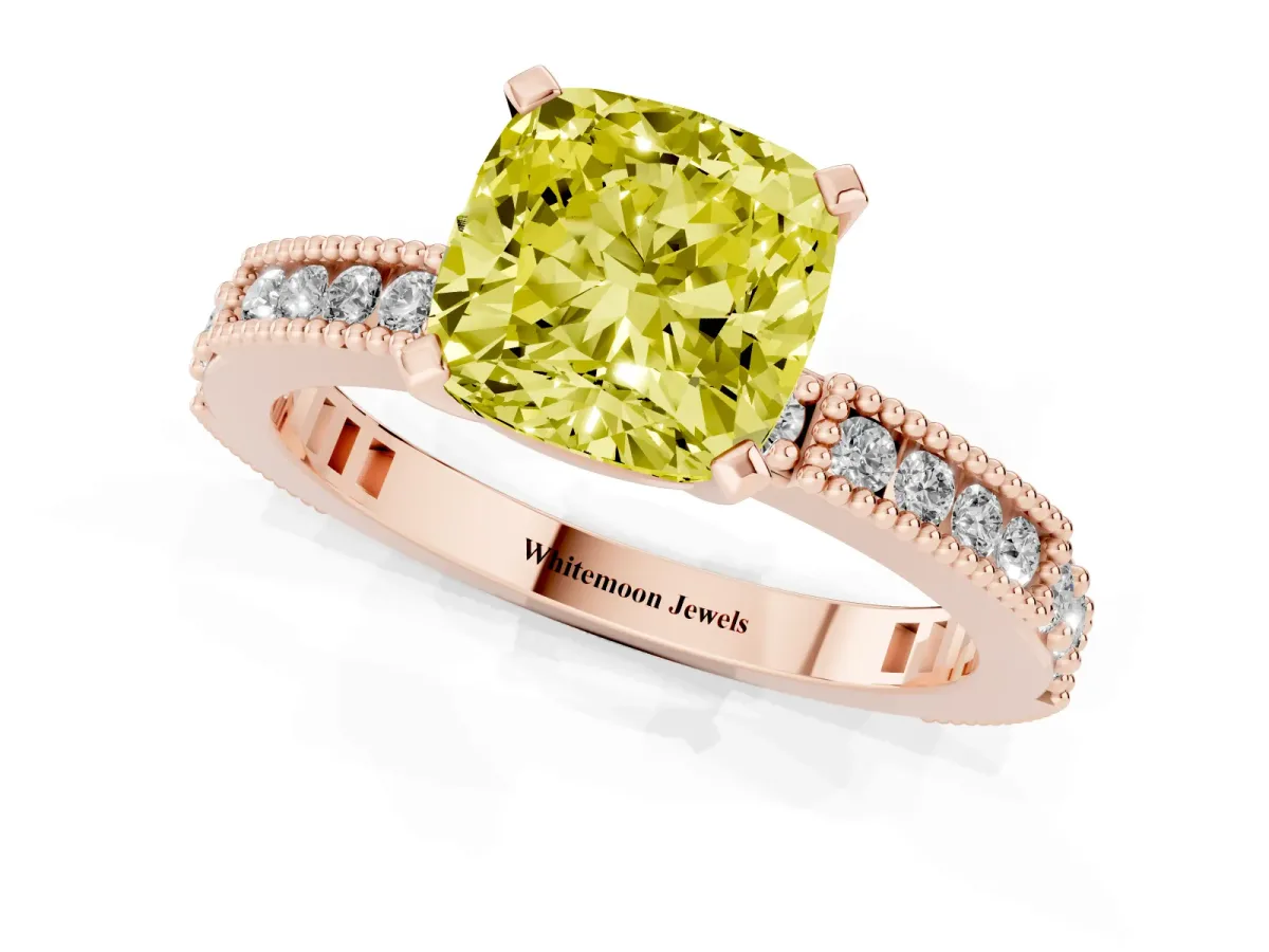 Fancy Yellow Cushion Cut Solitaire with Pavé Band and Four-Prong Setting Rose gold