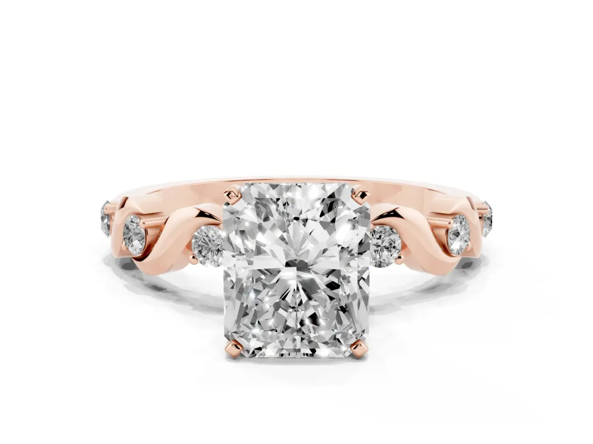 Radiant Cut Diamond Solitaire Twisted Band with Round Accents and Prong Setting Rose gold