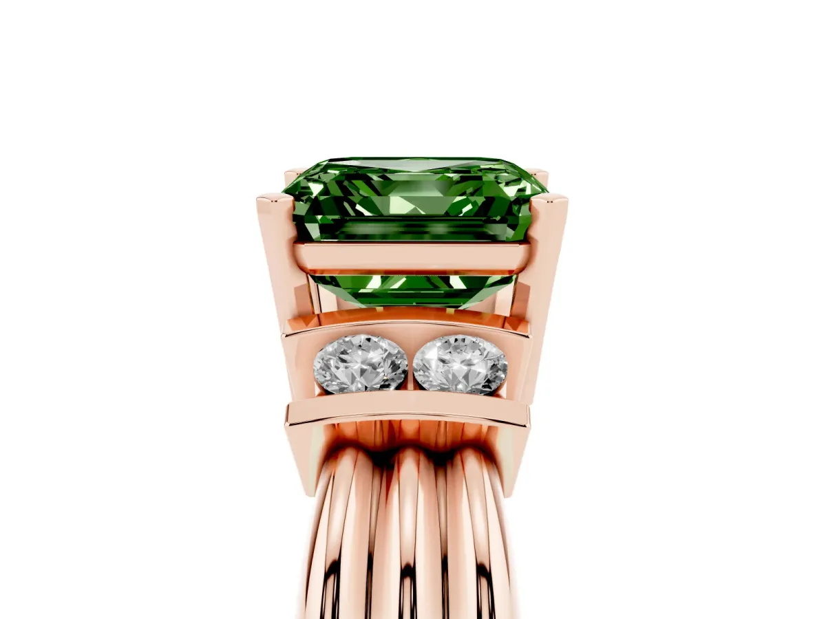 Fancy Green Asscher Cut Cut Three-Stone Channel Set Ring with Bar Prongs Rose gold