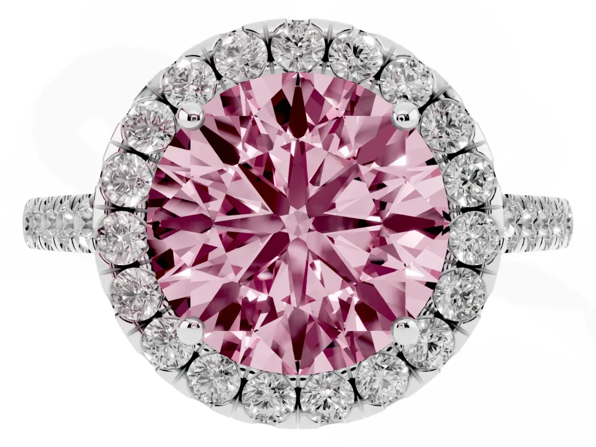Fancy Pink Round Cut Halo Pave Diamond Engagement Ring with Four-Prong Setting Silver
