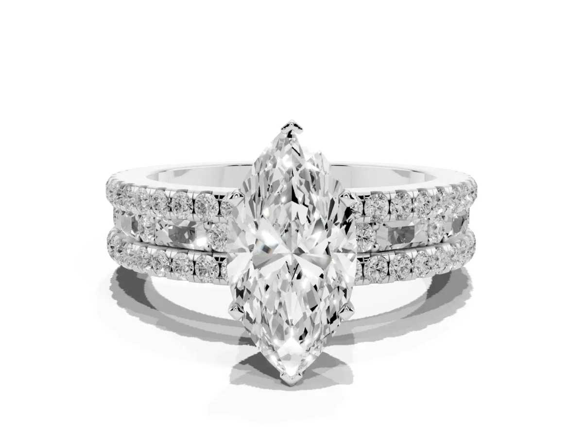 Marquise Cut Diamond Solitaire Ring with Pavé and Channel Set Band Silver