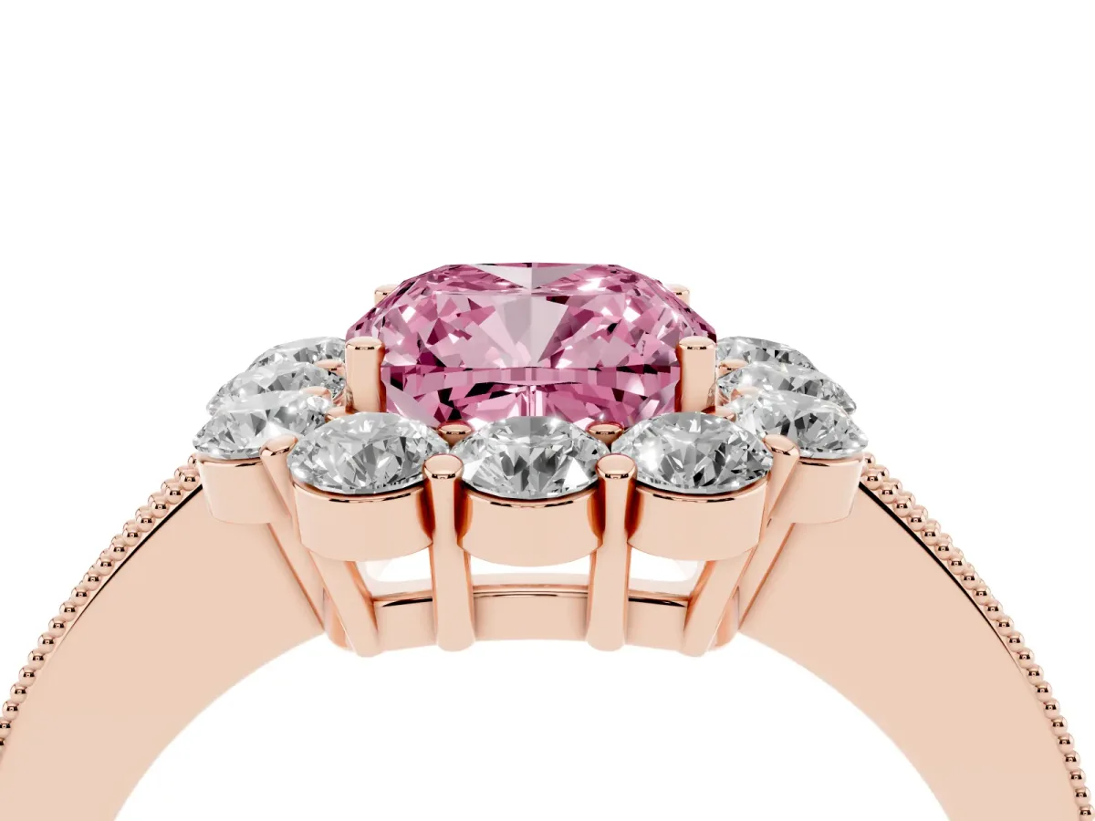 Fancy Pink Cushion Cut Cut Halo Diamond Pavé Engagement Ring with Milgrain Detailing Rose gold
