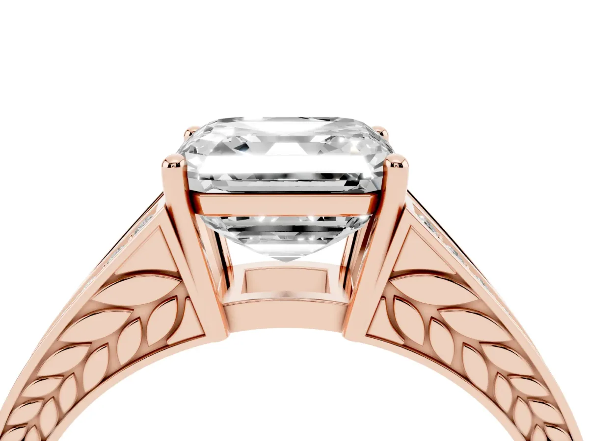 Asscher Cut Diamond Split Shank Ring with Pavé Band and Four-Prong Setting Rose gold