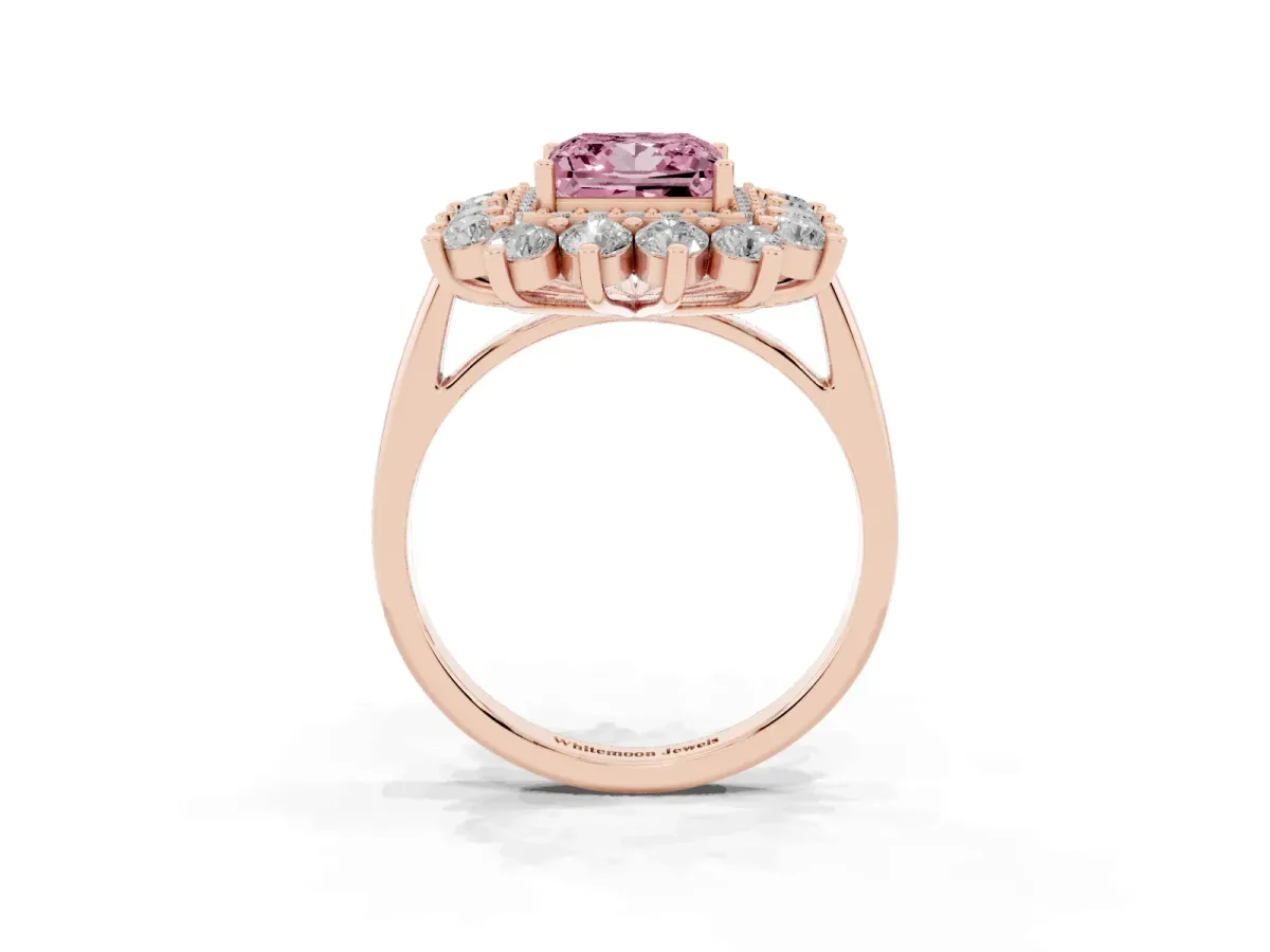 Fancy Pink Princess Cut Diamond Floral Double Halo Engagement Ring with Prong Setting Rose gold