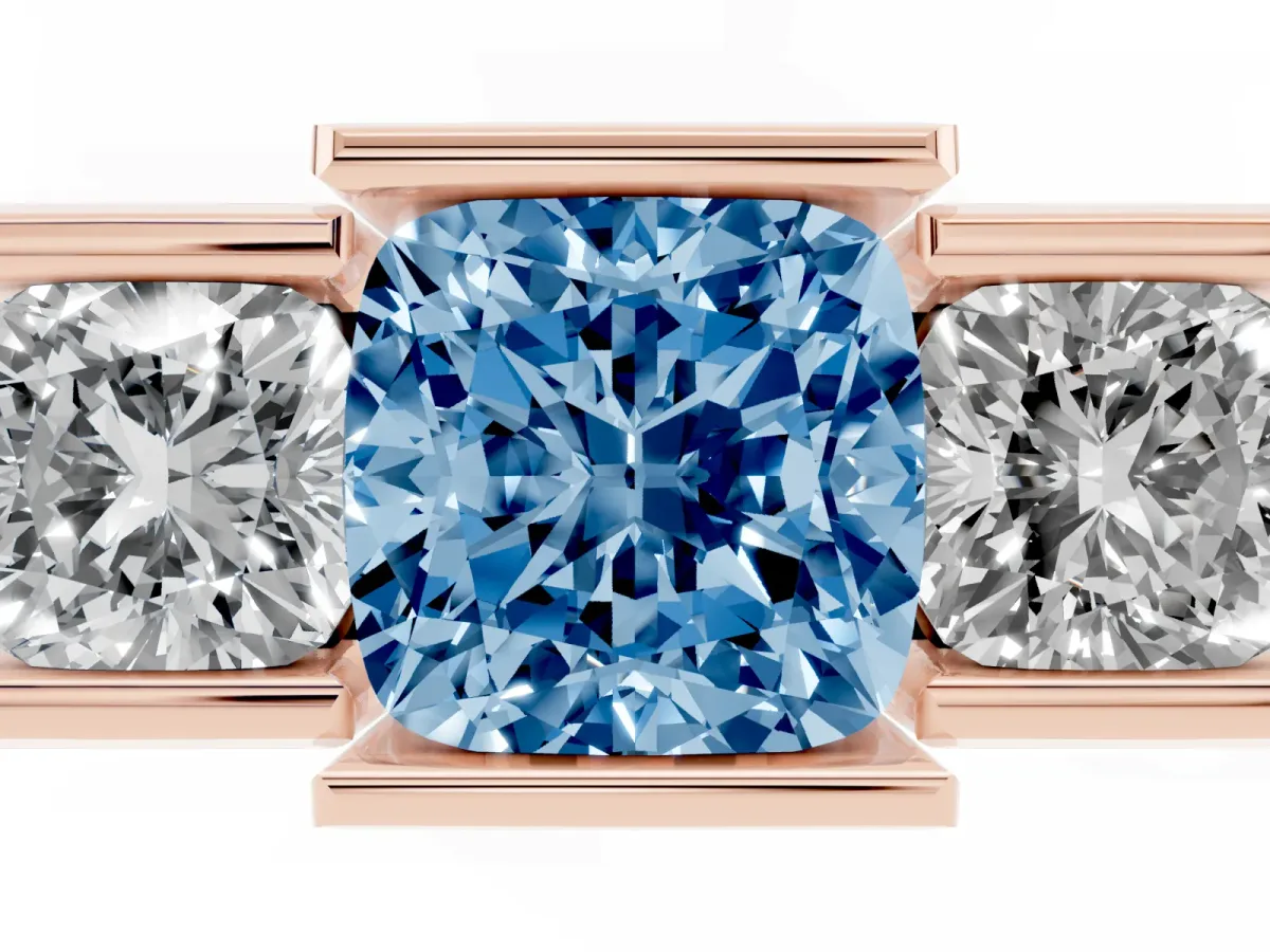Fancy Blue Three Stone Cushion Cut Cut Channel Set Diamond Ring Rose gold