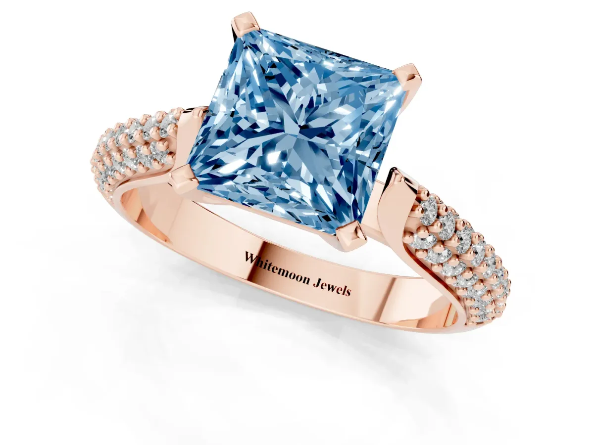 Fancy Blue Princess Cut Diamond Solitaire Engagement Ring with Multi-Row Round Pavé Band and Prong Setting Rose gold