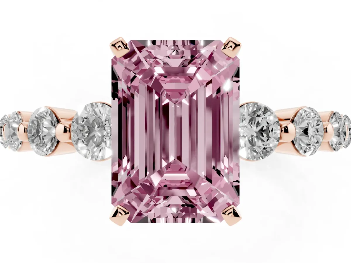 Fancy Pink Emerald Cut Solitaire Diamond Ring with Pave Band and Four-Prong Setting Rose gold