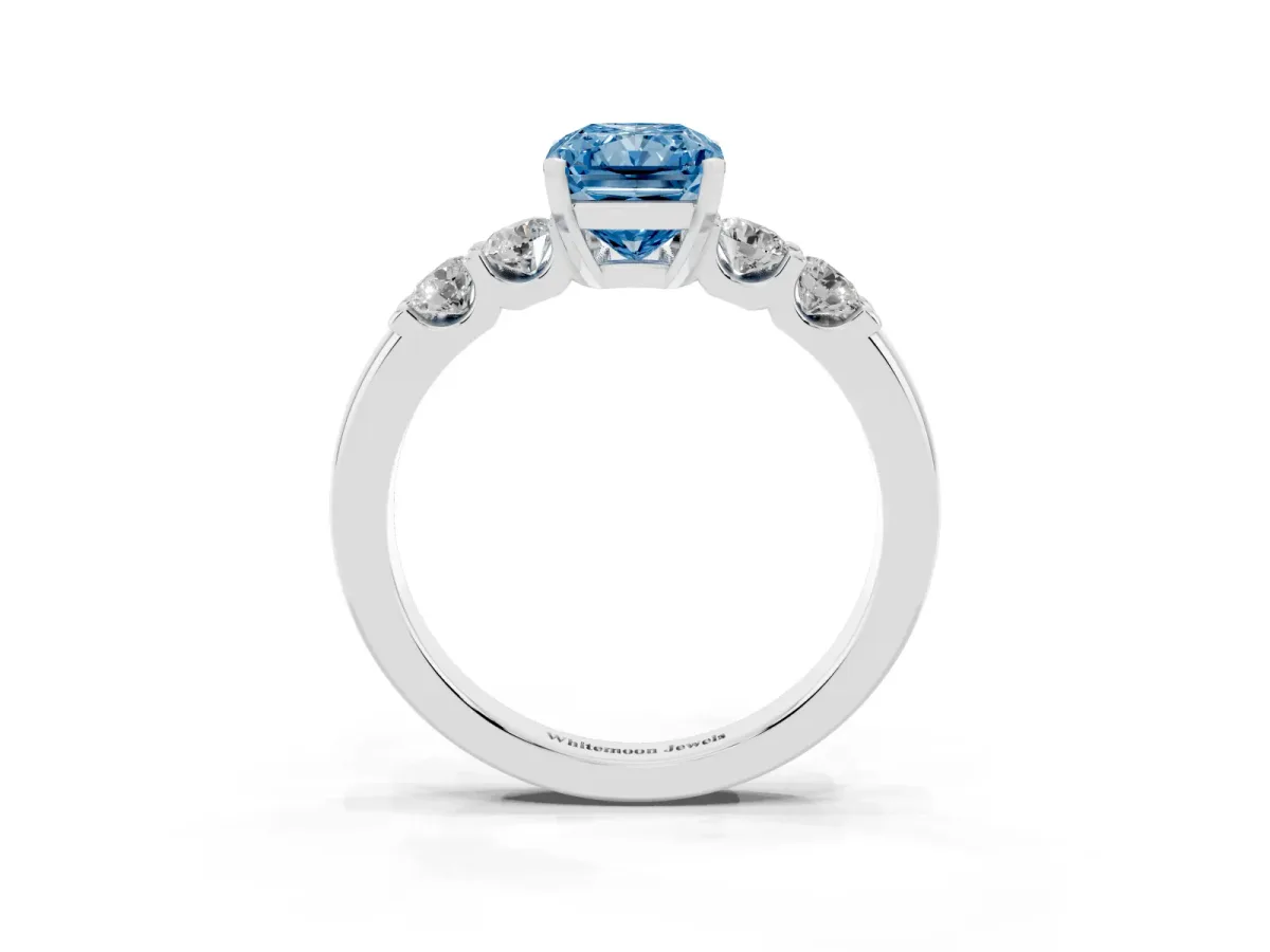 Fancy Blue Radiant Cut Brilliant Cut Diamond Five-Stone Prong Set Engagement Ring with Channel Band White gold