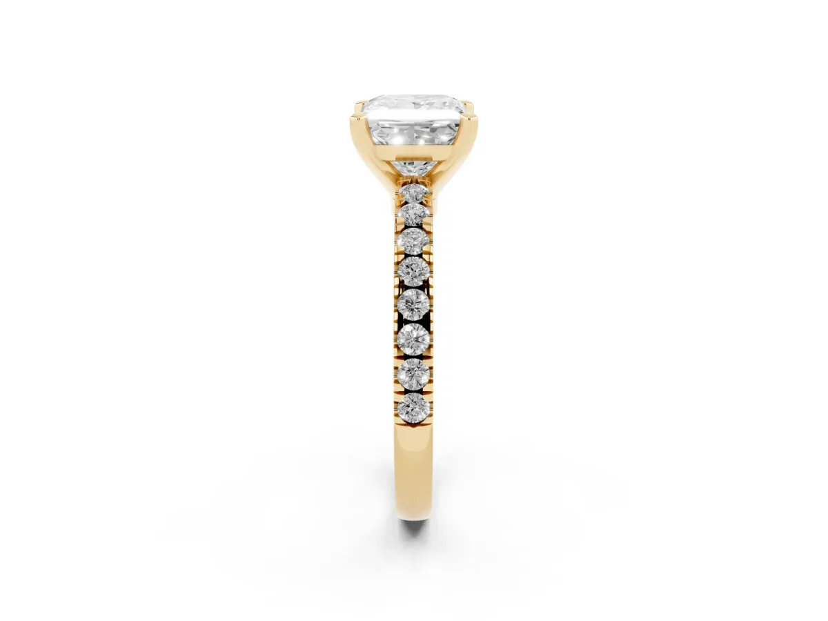 Princess Cut Solitaire Diamond with Pavé Band and Four-Prong Setting Yellow gold