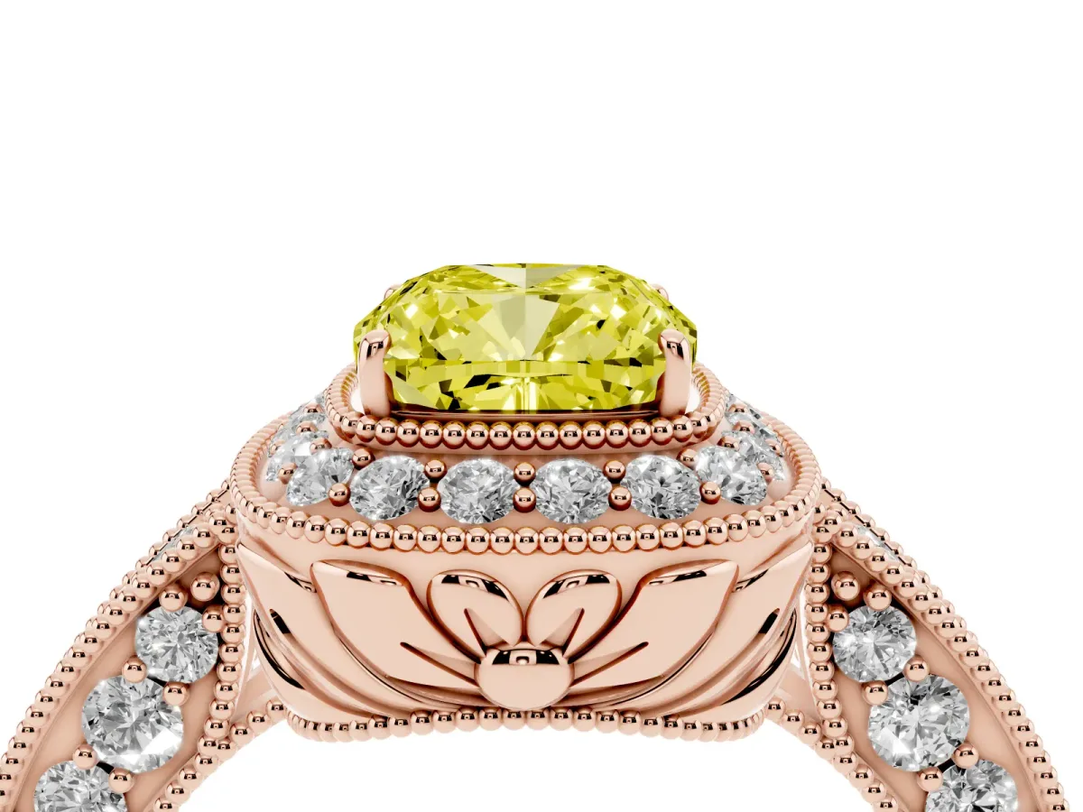 Fancy Yellow Cushion Cut Halo Diamond Split Shank Ring with Milgrain Detail Rose gold