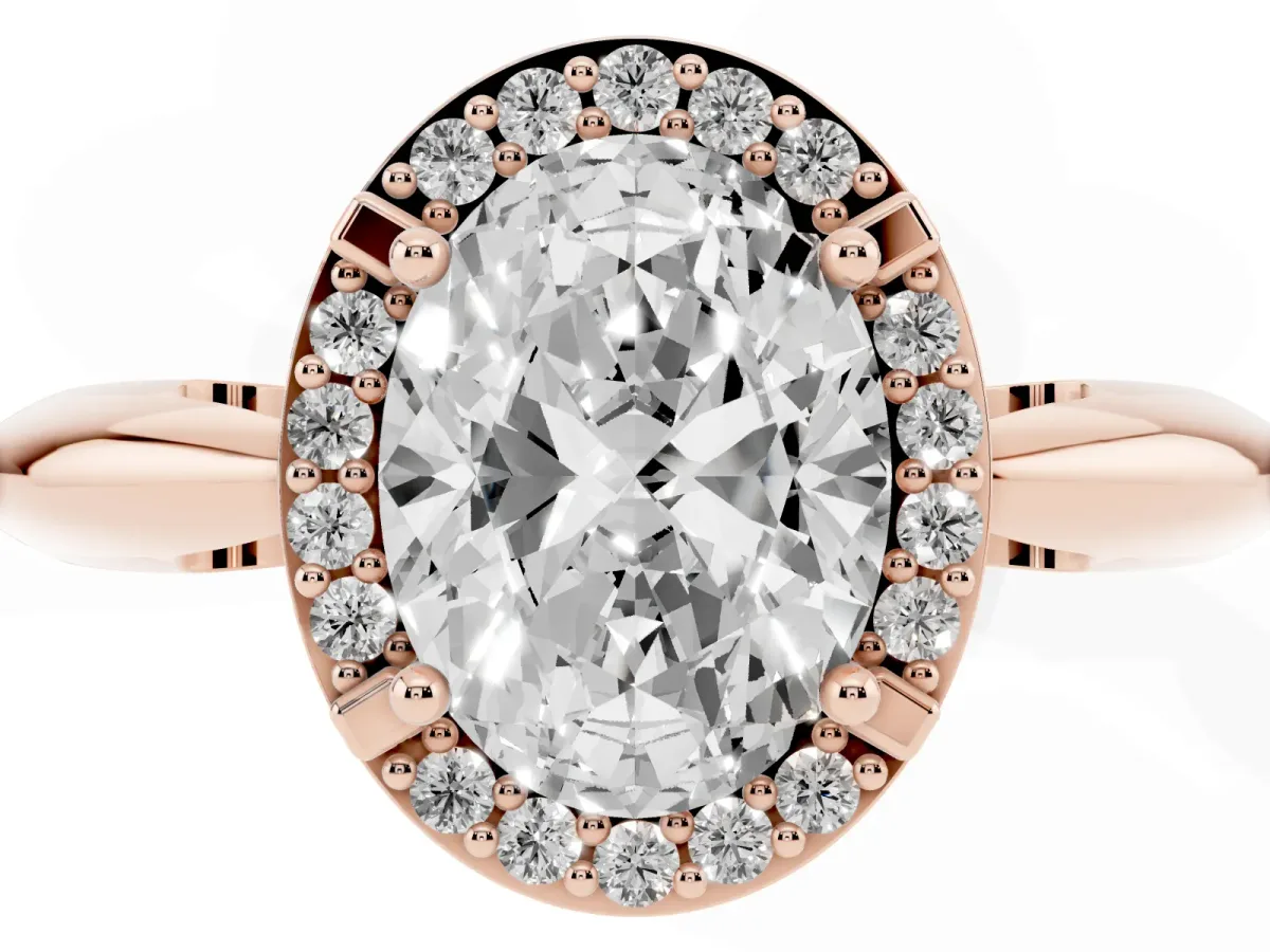 Oval Cut Cut Diamond Halo Engagement Ring with Split Shank and Four-Prong Setting Rose gold