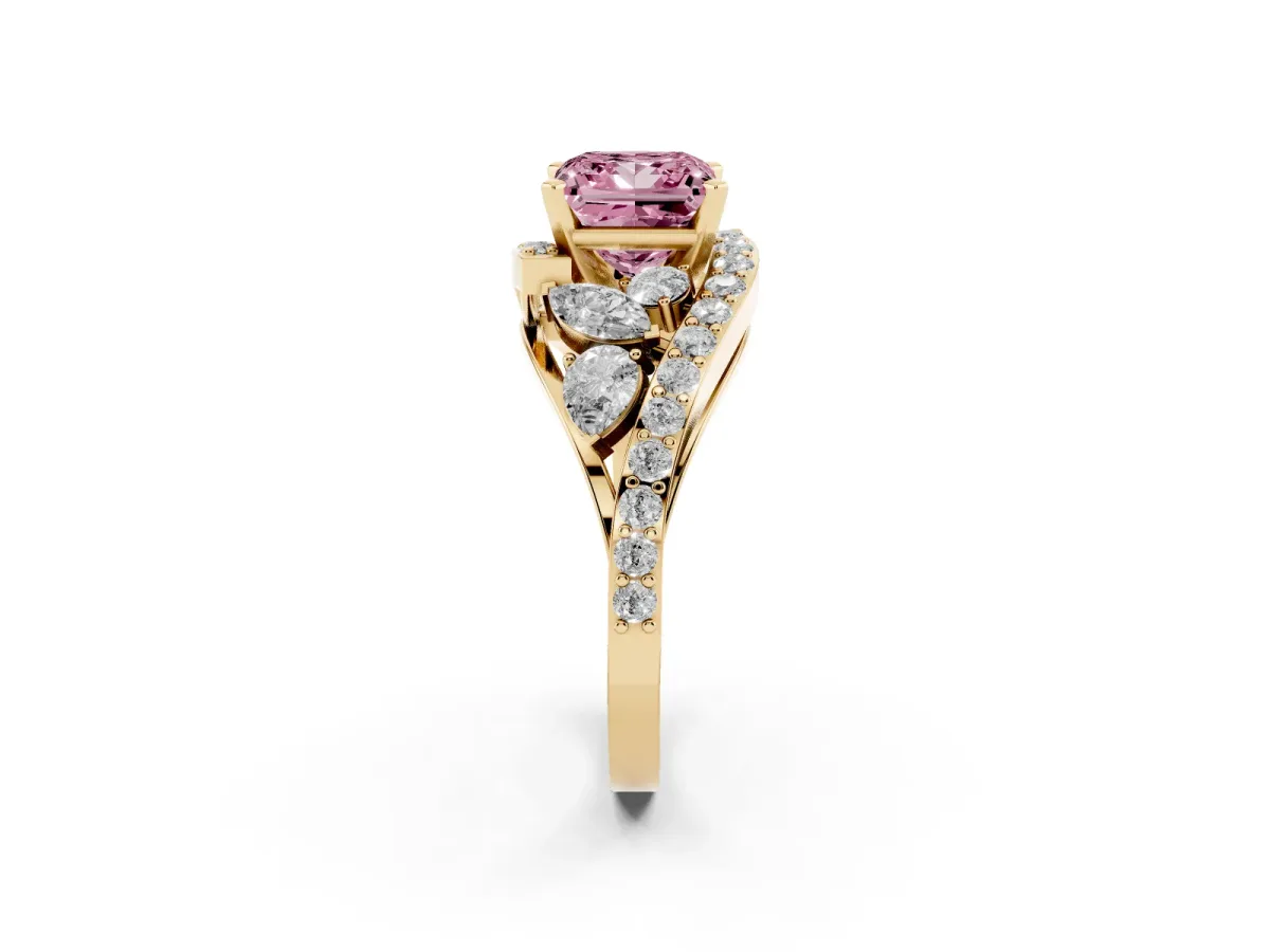Fancy Pink Princess Cut Diamond Halo Ring with Marquise and Pavé Band in Prong Setting Yellow gold