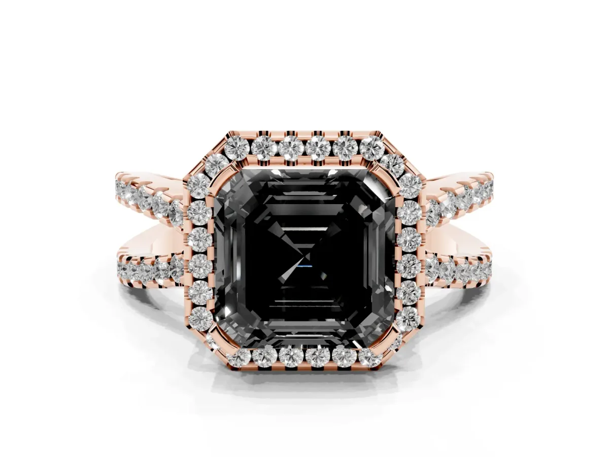 Fancy Black Asscher Cut Diamond Halo Ring with Split Shank Pavé Band and Prong Setting Rose gold