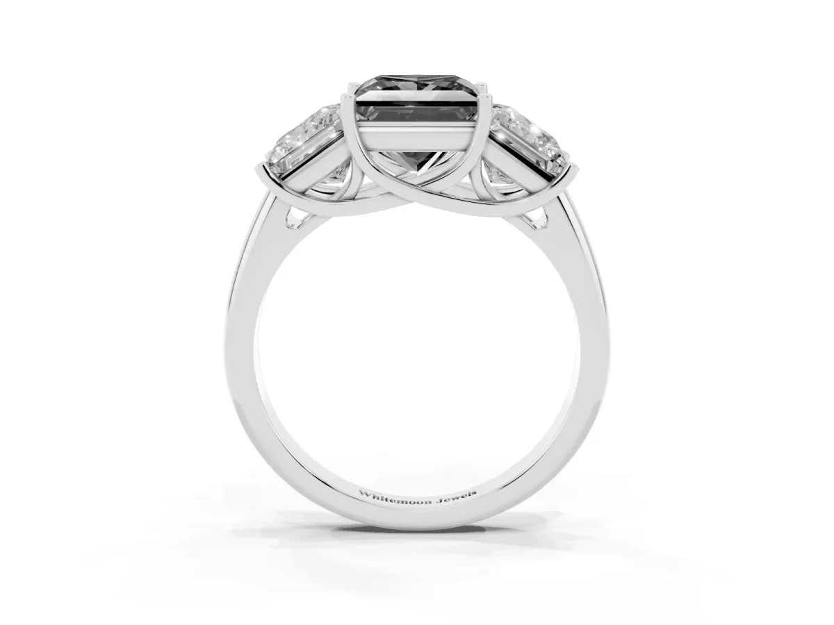 Fancy Black Three-Stone Princess Cut Diamond Engagement Ring with Prong Setting Silver
