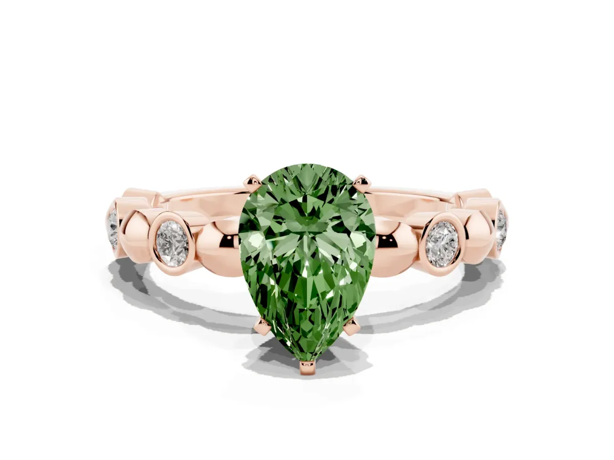 Fancy Green Pear Cut Solitaire Bezel-Set Diamond Ring with Beaded Band and Four-Prong Setting Rose gold