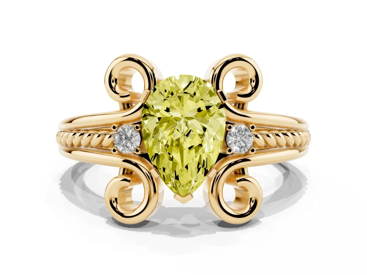 Fancy Yellow Pear Cut Solitaire Twisted Band Scroll Prong Ring Yellow gold