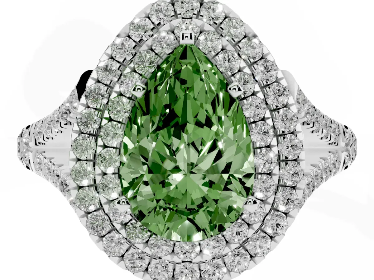 Fancy Green Pear Cut Diamond Pavé Split Shank Double Halo Engagement Ring Silver