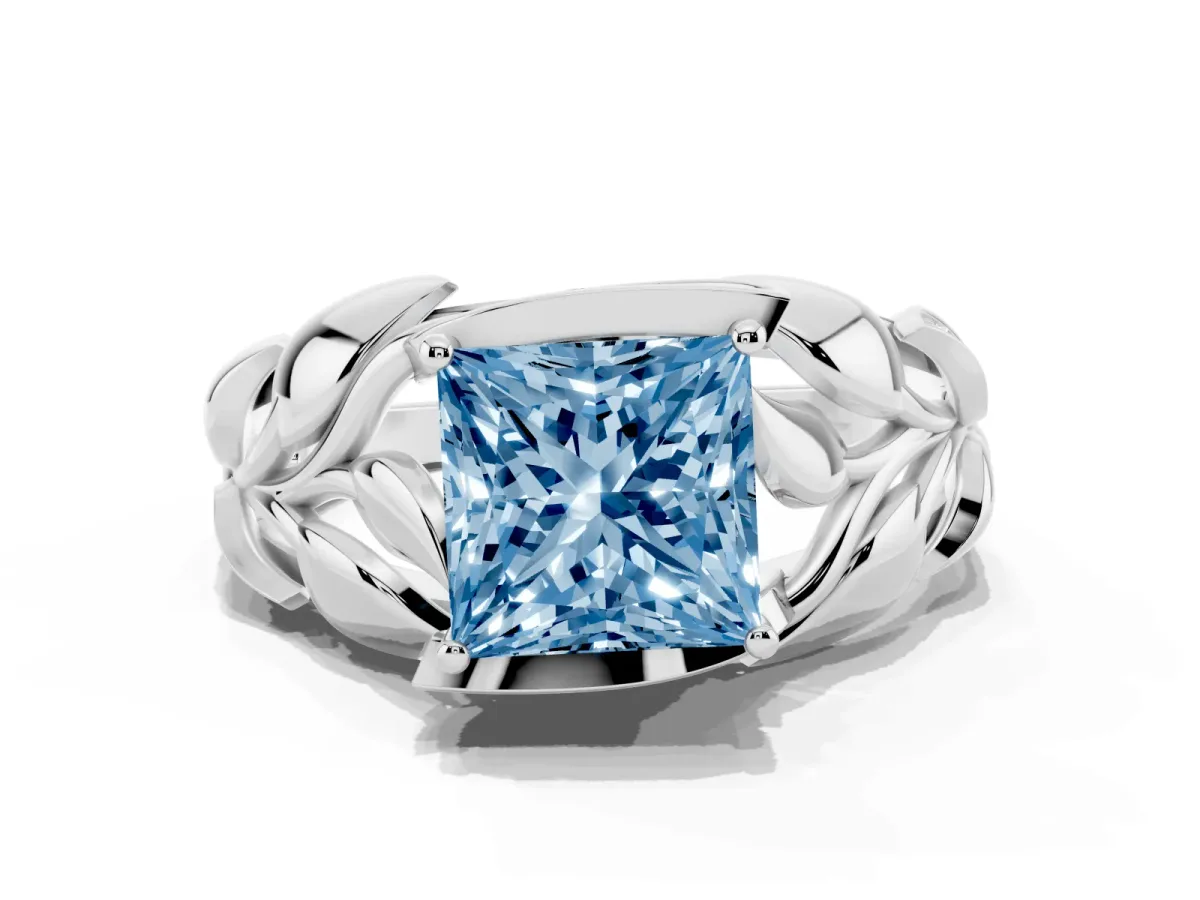 Fancy Blue Princess Cut Diamond Leaf-Inspired Engagement Ring with Round Accents and Prong Setting White gold
