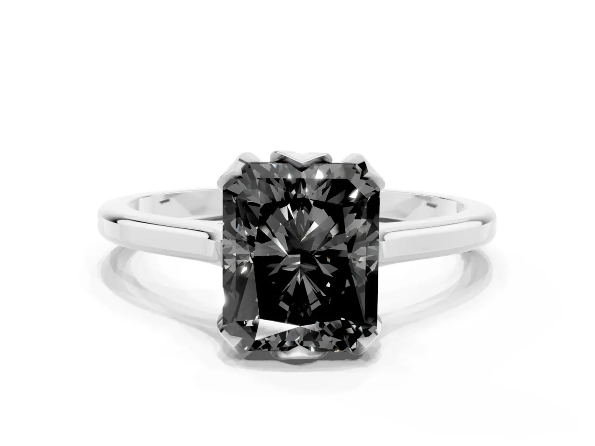 Fancy Black Radiant Cut Diamond Solitaire Ring with Flower Prong Setting and Classic Band Silver