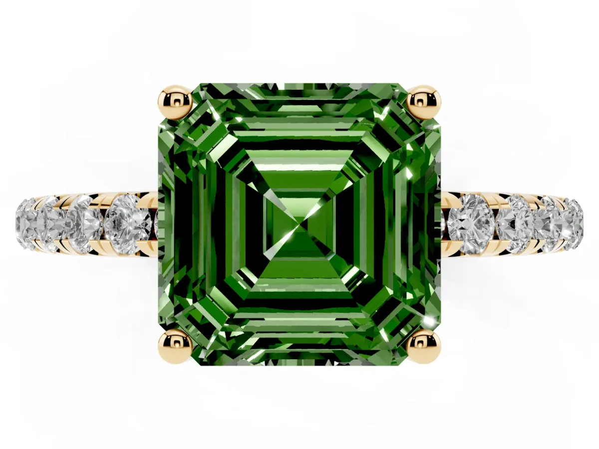 Fancy Green Asscher Cut Cut Diamond Solitaire Ring with Micro Pave Band and Four Prong Setting Yellow gold