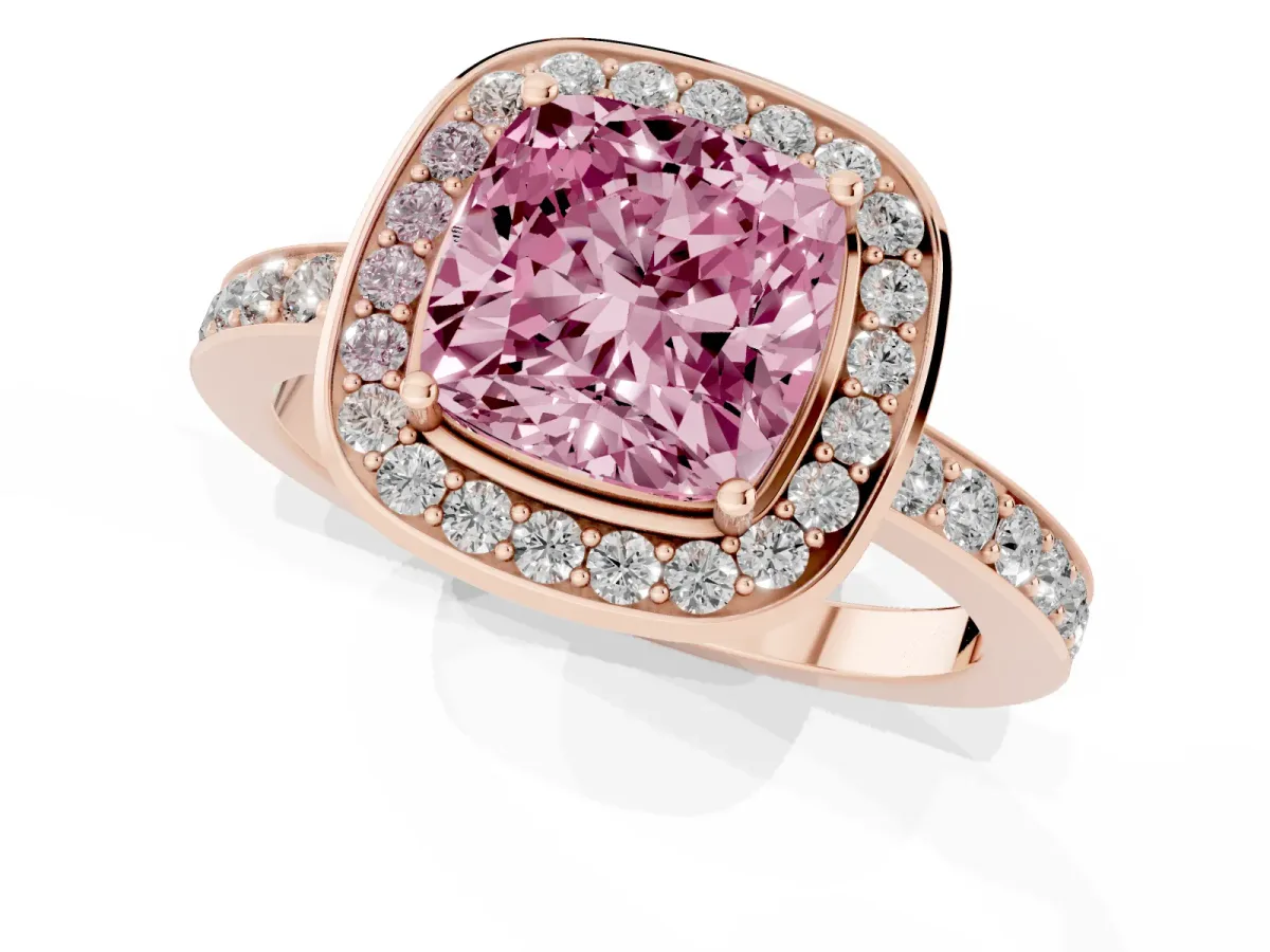 Fancy Pink Cushion Cut Diamond Halo Ring with Bezel Frame and Pavé Band Rose gold