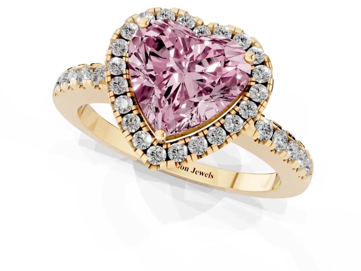 Fancy Pink Heart Cut Halo Diamond Engagement Ring with Pavé Band and Four-Prong Setting Yellow gold