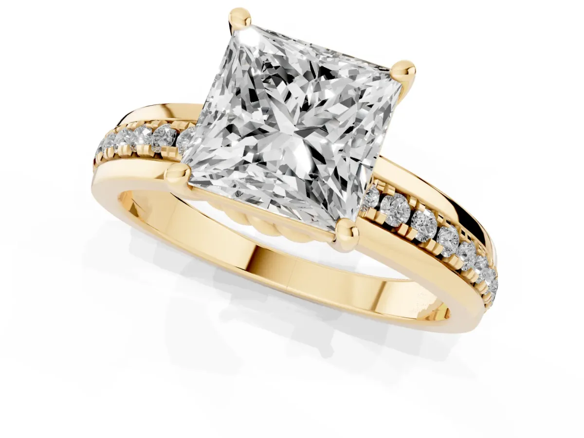 Princess Cut Solitaire Diamond Ring with Channel Set Band and Six-Prong Setting Yellow gold