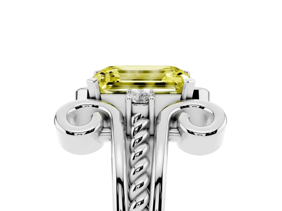 Fancy Yellow Emerald Cut Solitaire Twisted Band Scroll Prong Ring Silver