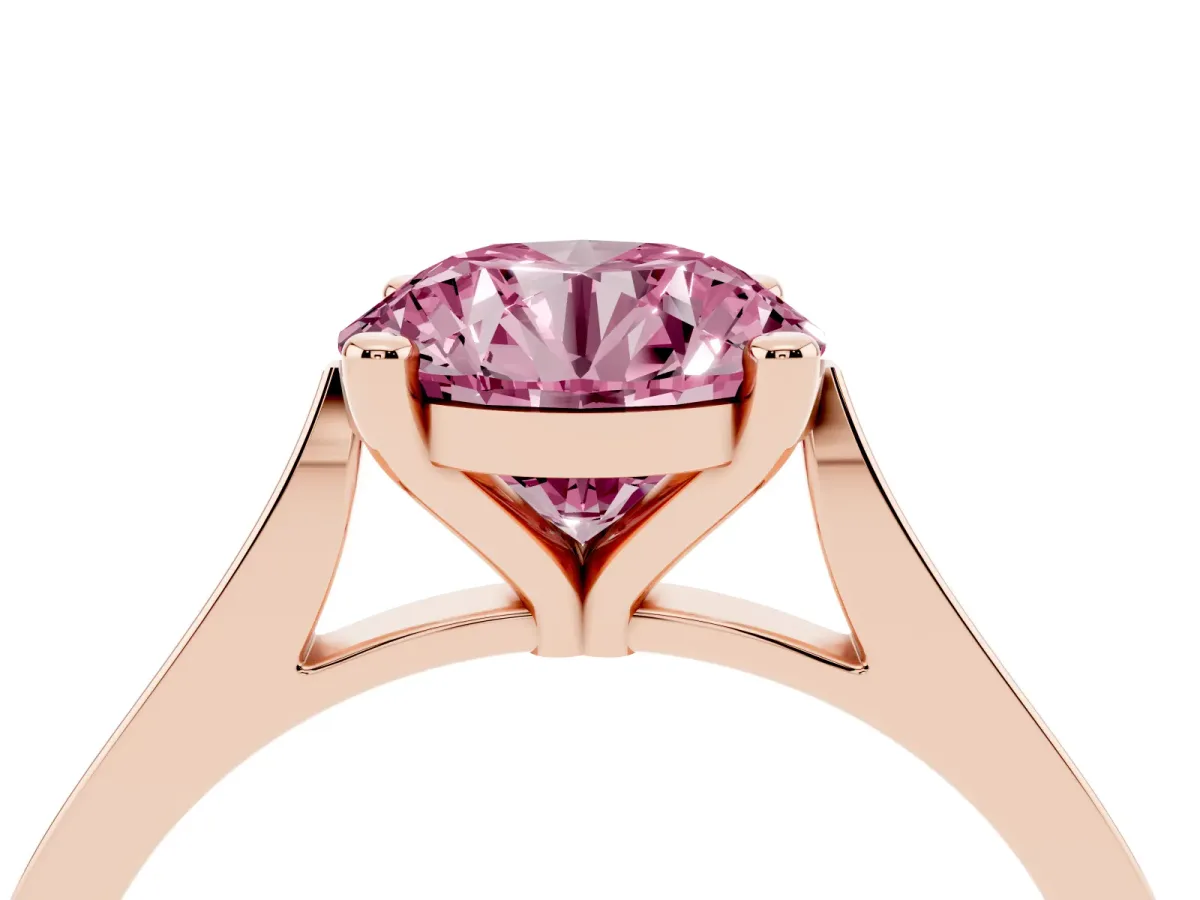 Fancy Pink Round Cut Solitaire Diamond Ring with Four-Prong Setting and Tapered Band Rose gold