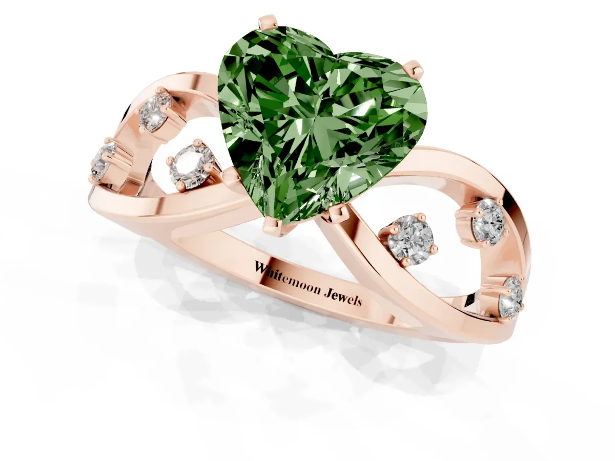 Fancy Green Heart Cut Cut Solitaire Diamond with Side Stones on Criss-Cross Band and Four-Prong Setting Rose gold