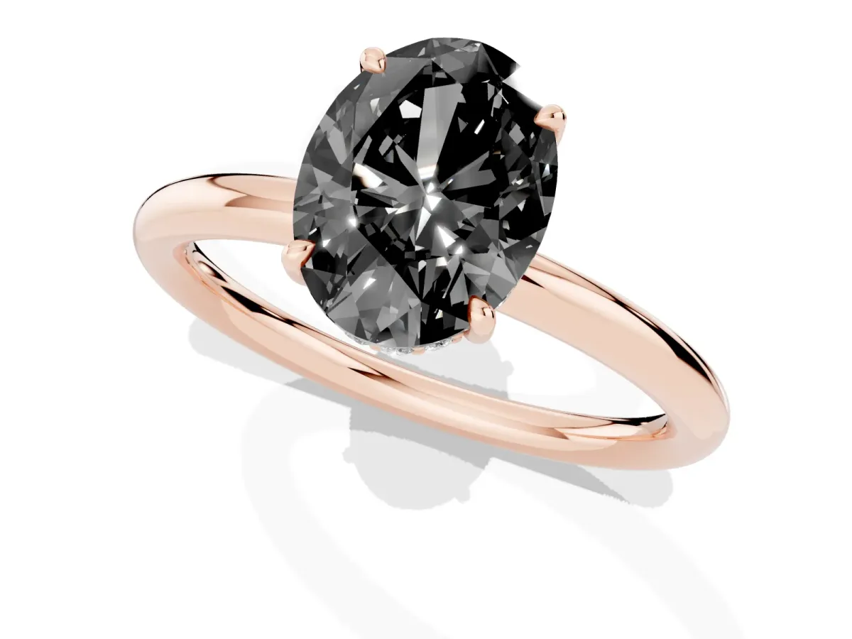 Fancy Black Oval Cut Diamond Solitaire Ring with Thin Band and Four-Prong Setting Rose gold