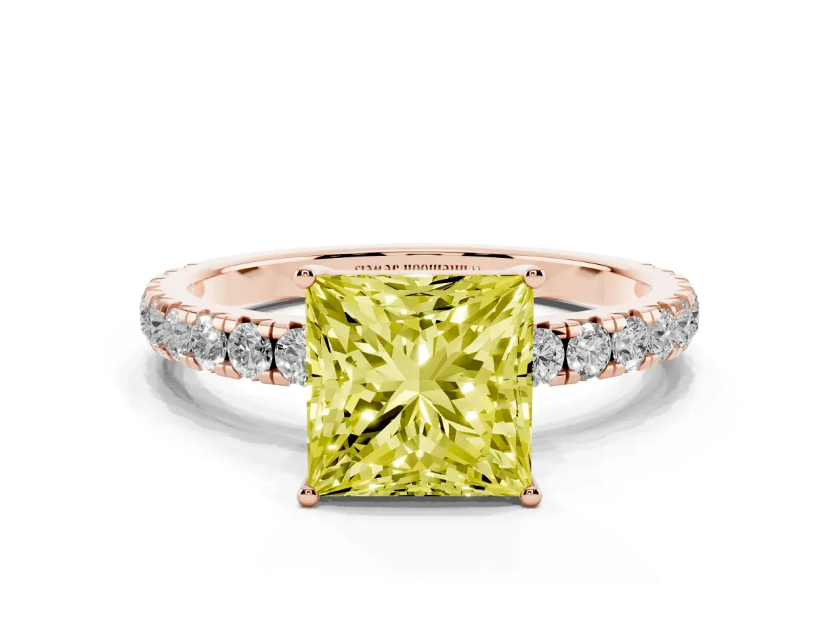 Fancy Yellow Princess Cut Diamond Pavé Solitaire Engagement Ring with Four-Prong Setting Rose gold